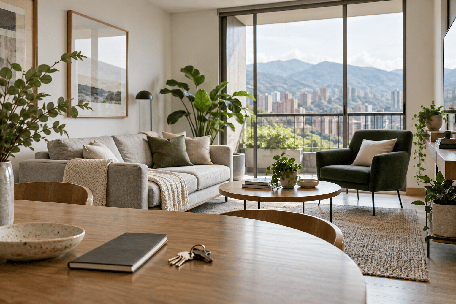 Sala luminosa de un apartamento con llaves sobre la mesa